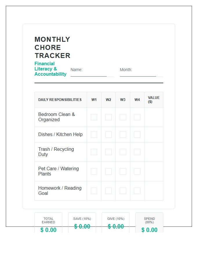 Monthly Financial Literacy Allowance Tracking Kids Chore Chart Printable