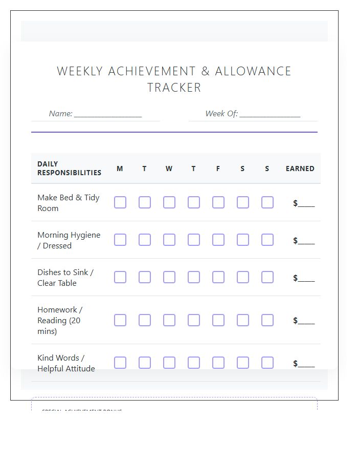 Positive Reinforcement Allowance Tracking Kids Chore Chart Printable
