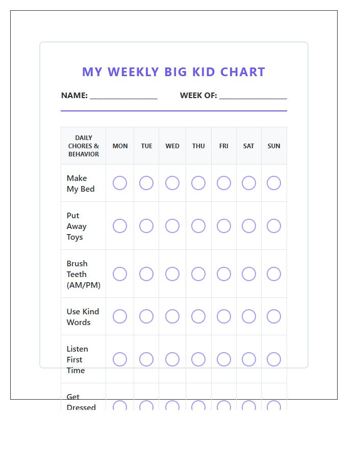 Preschool Behavior Allowance Tracking Kids Chore Chart Printable