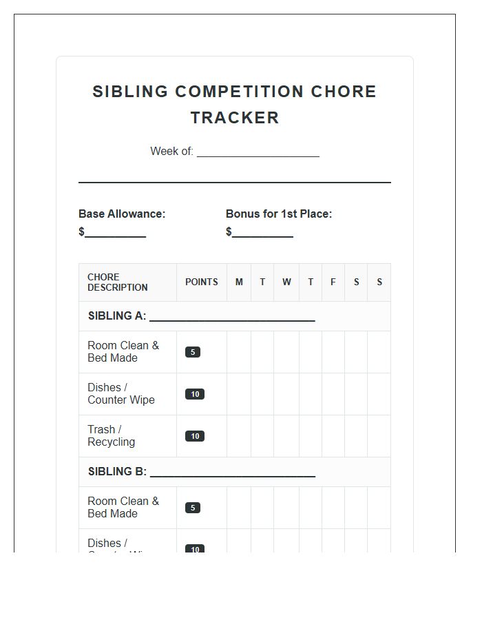 Sibling Competition Allowance Tracking Kids Chore Chart Printable