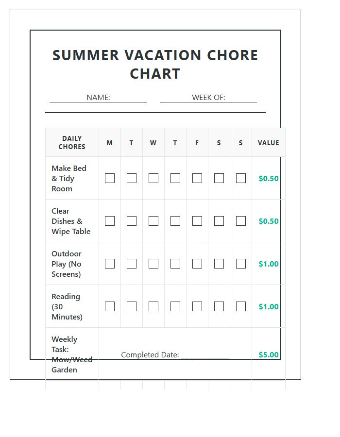 Summer Vacation Allowance Tracking Kids Chore Chart Printable