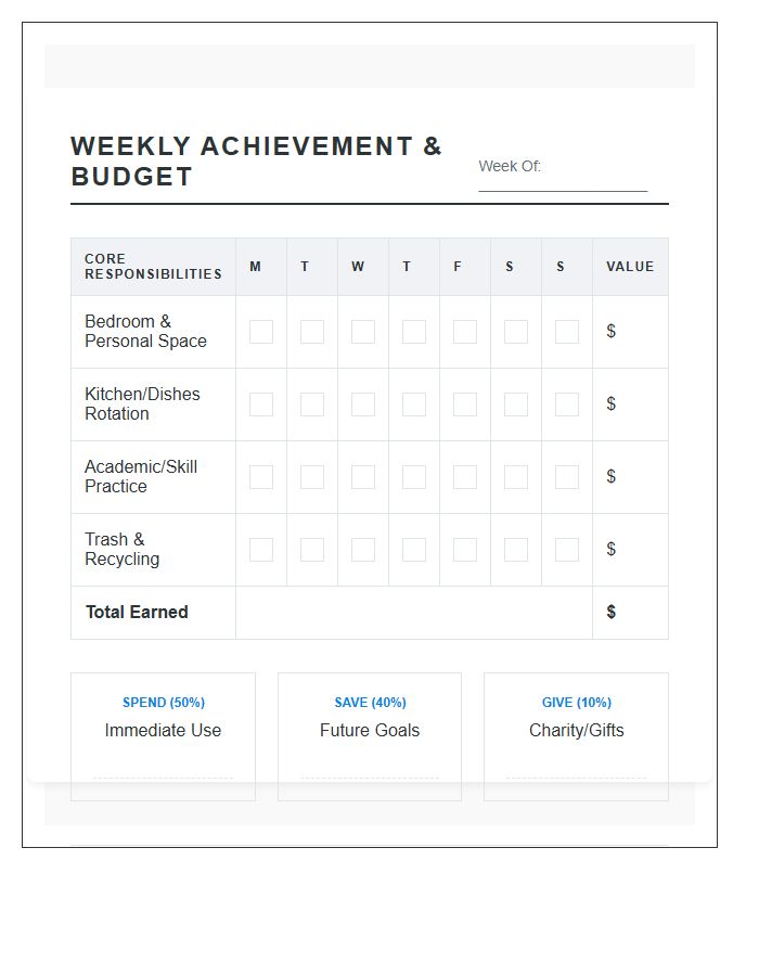 Teenage Budgeting Allowance Tracking Kids Chore Chart Printable