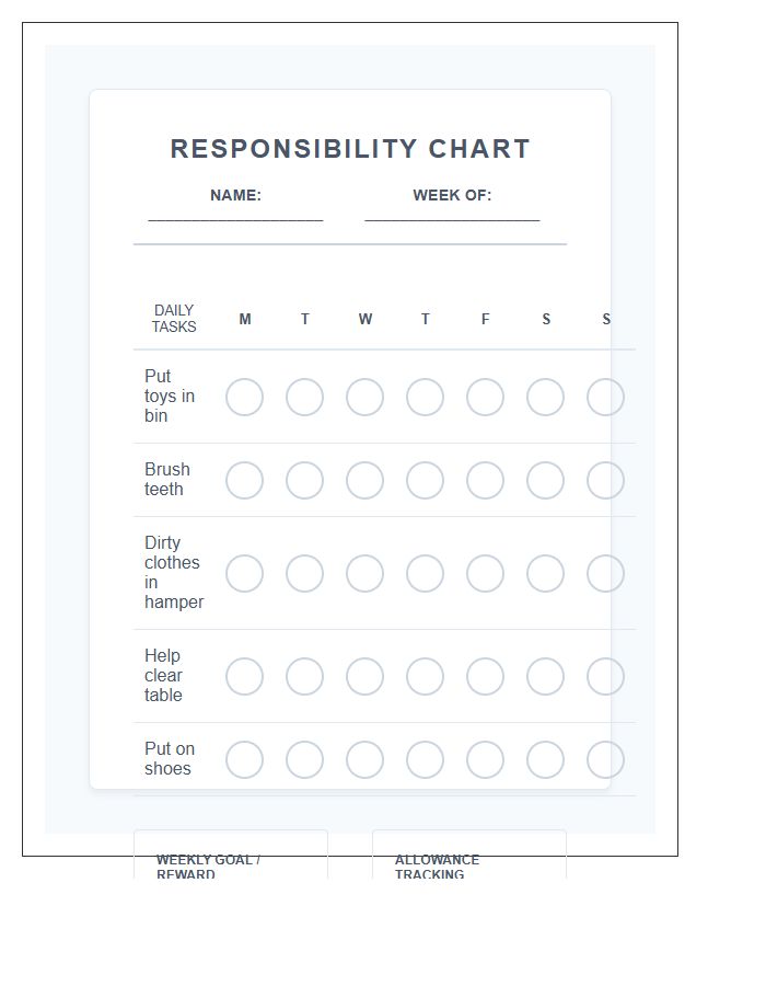 Toddler Responsibility Allowance Tracking Kids Chore Chart Printable