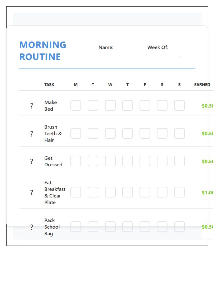 Visual Morning Routine Allowance Tracking Kids Chore Chart Printable
