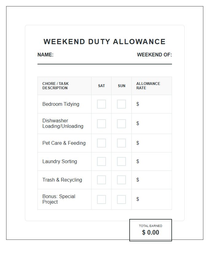 Weekend Duty Allowance Tracking Kids Chore Chart Printable