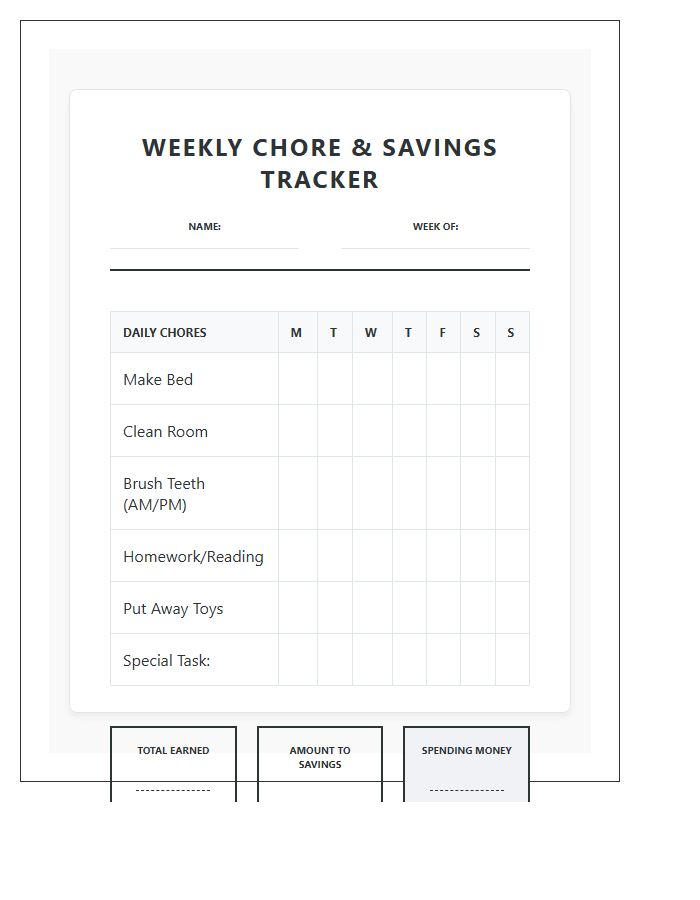 Weekly Savings Allowance Tracking Kids Chore Chart Printable