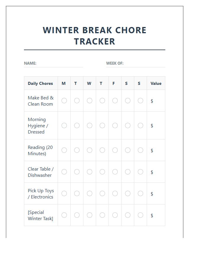Winter Break Allowance Tracking Kids Chore Chart Printable