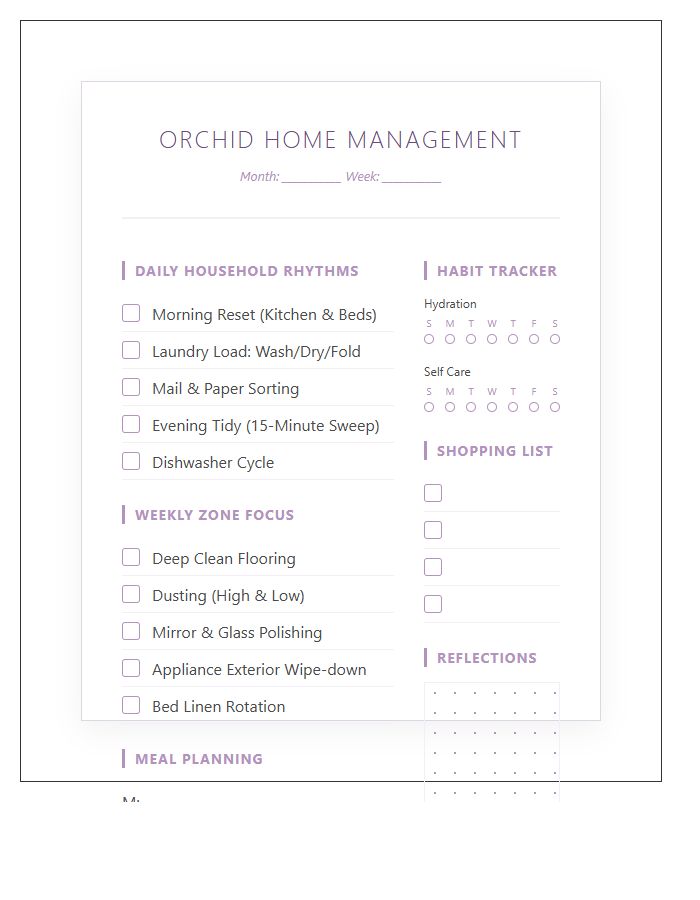 Orchid Print Home Management Chart Printable