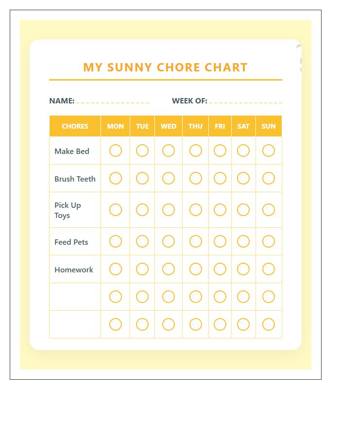 Sunflower Design Childrens Chore Chart Printable