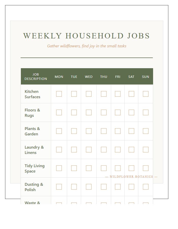 Wildflower Pattern Weekly Jobs Chart Printable