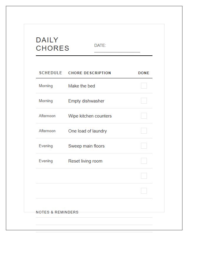 Clean Line Daily Chore Chart Printable
