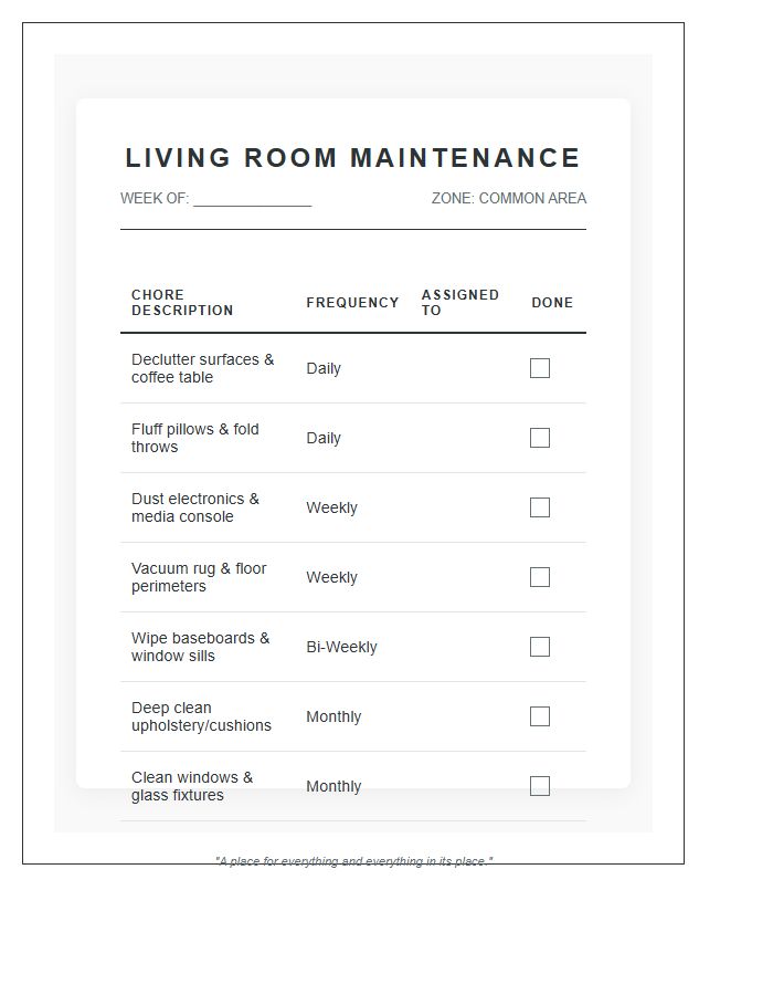 Contemporary Living Room Chore Chart Printable
