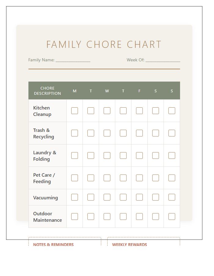 Earth Tone Family Chore Chart Printable