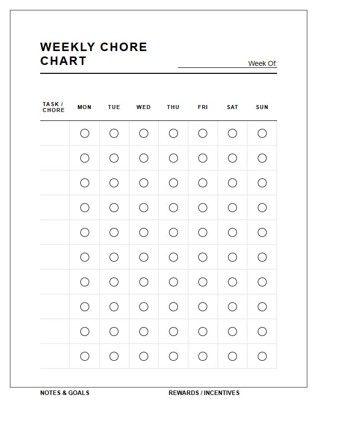 Monochrome Weekly Chore Chart Printable
