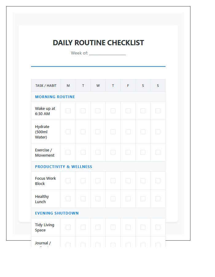 Complete Daily Routine Checklist Printable Chart