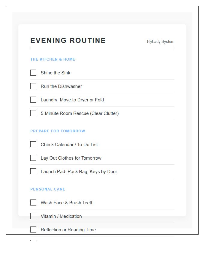 Daily Evening Routine Flylady Style Printable Chart