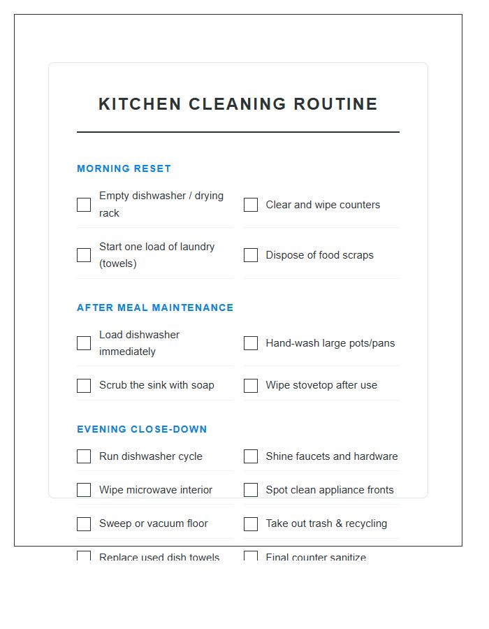 Daily Kitchen Cleaning Routine Printable Chart