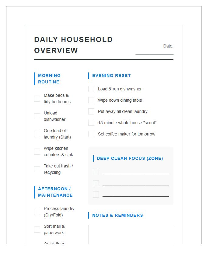 Detailed Daily Household Task Chart Printable