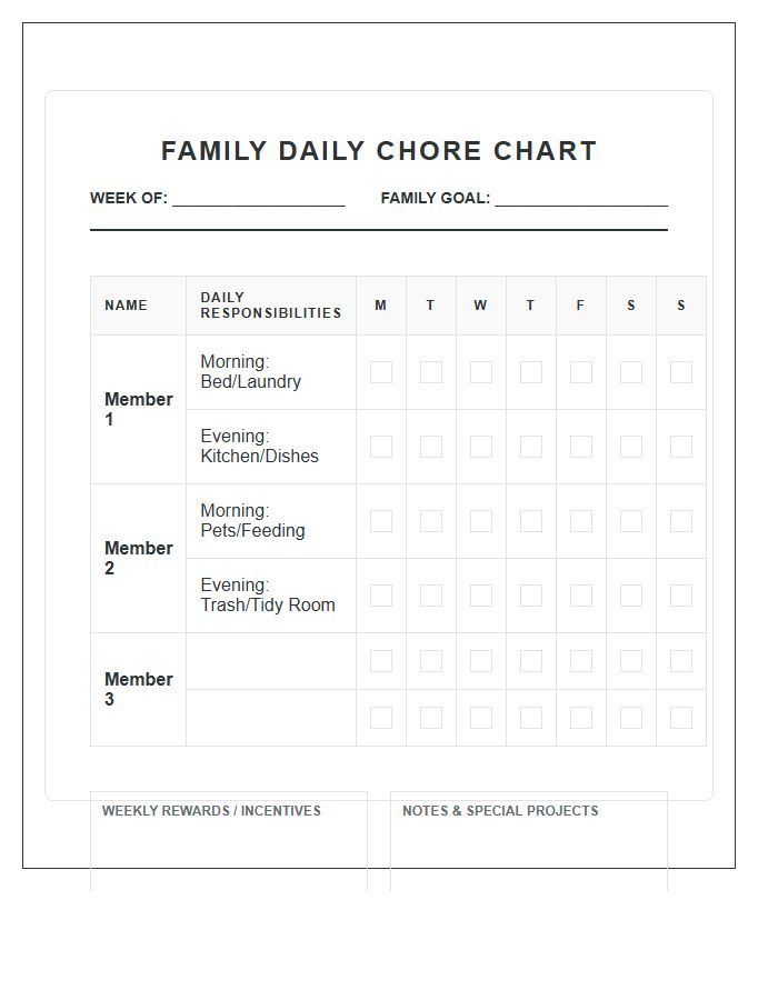 Family Organization Daily Chore Chart Printable