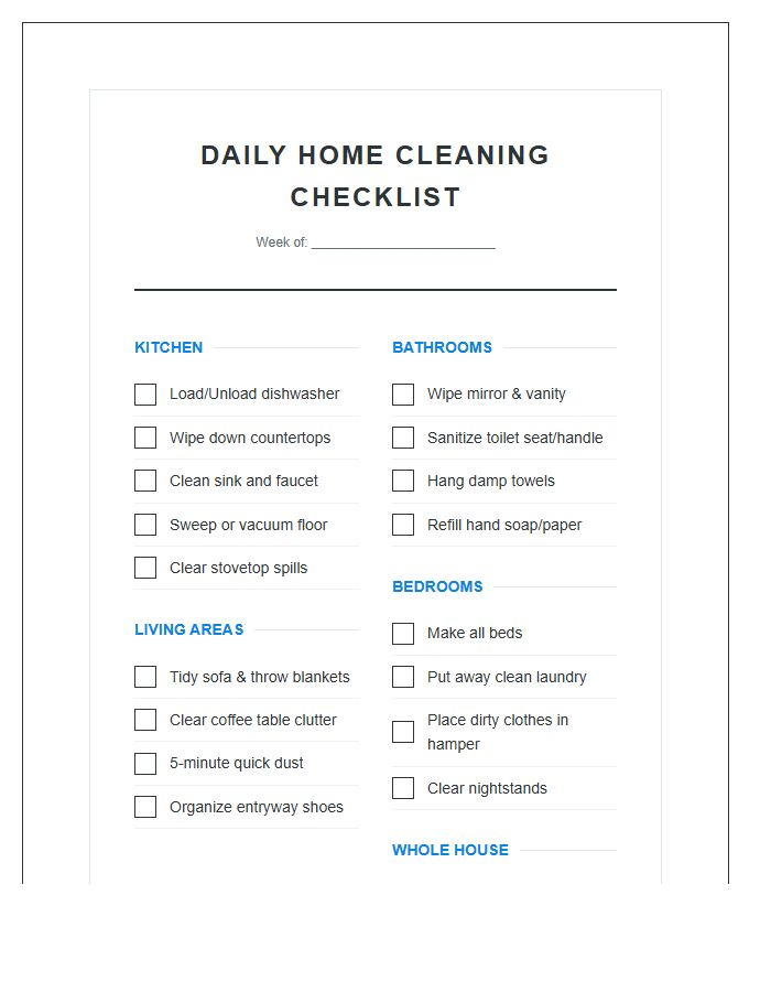 Full Home Cleaning Daily Chore Chart Printable