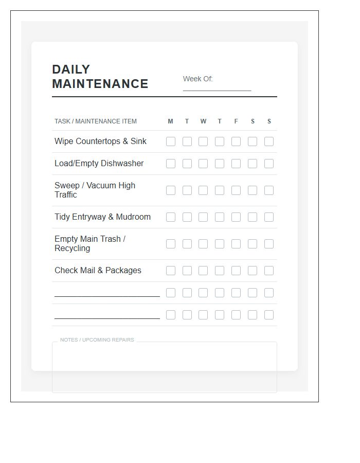 Household Maintenance Daily Chore Chart Printable