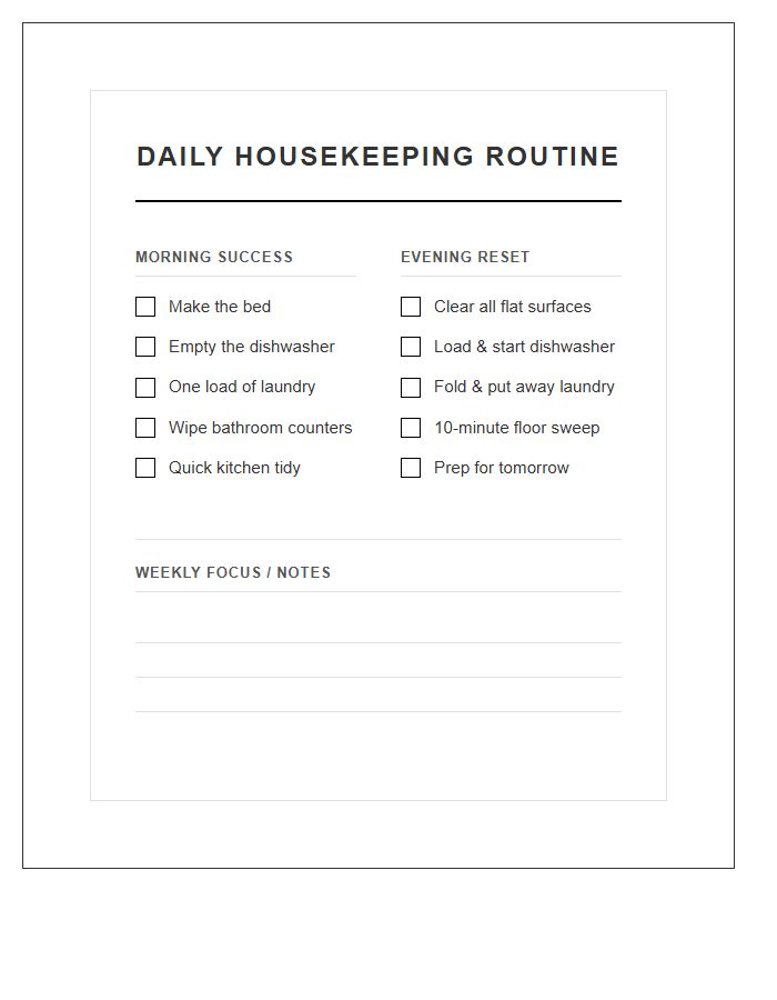 Simple Daily Housekeeping Routine Printable Chart