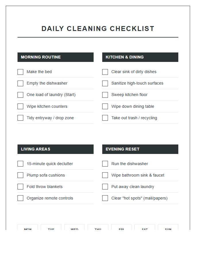 Structured Daily Cleaning Schedule Printable Chart