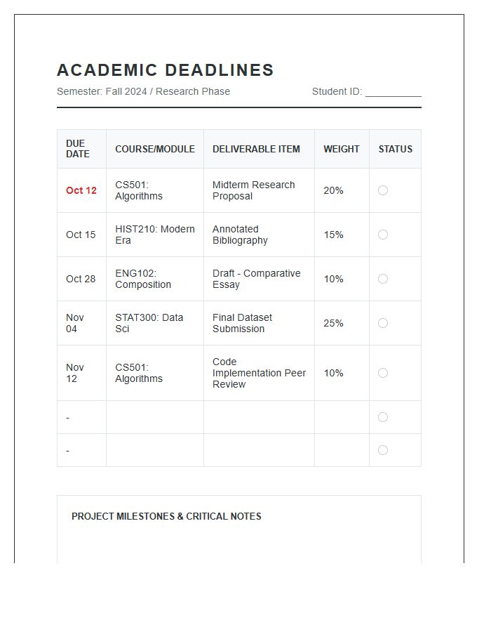 Academic Project Deadline Calendar Printable Chart