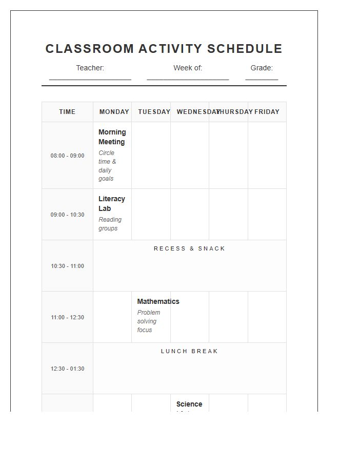 Classroom Activity Schedule Calendar Printable Chart