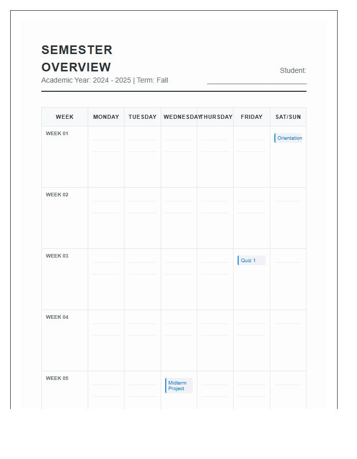 College Semester Overview Calendar Printable Chart