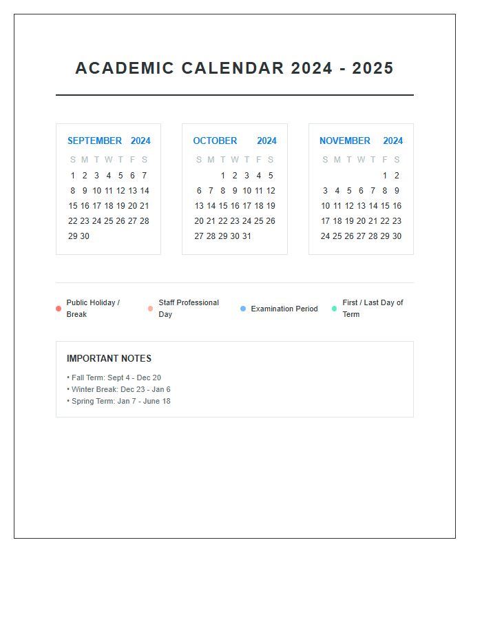 Comprehensive School Year Calendar Printable Chart
