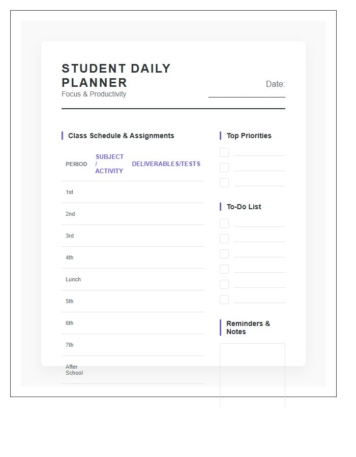 High School Student Planner Printable Chart