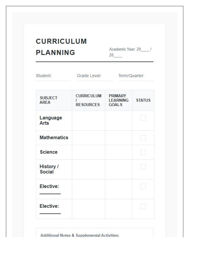 Homeschool Curriculum Planning Calendar Printable Chart