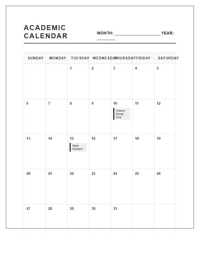 Monthly Academic Assignment Calendar Printable Chart