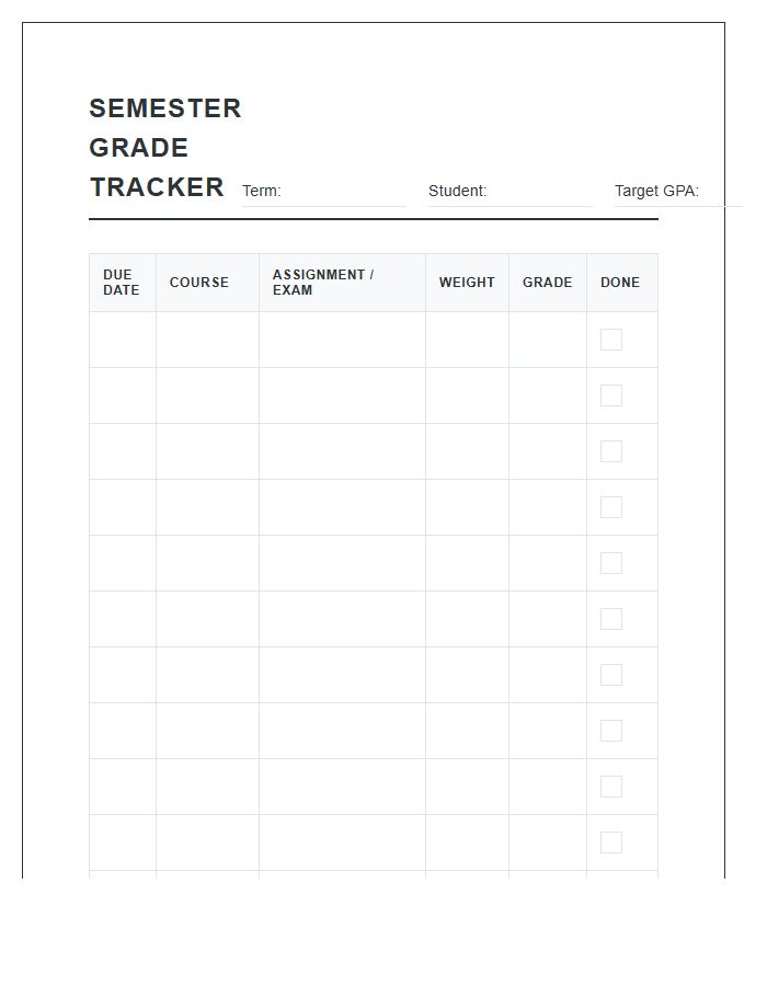 Semester Grade Tracking Calendar Printable Chart