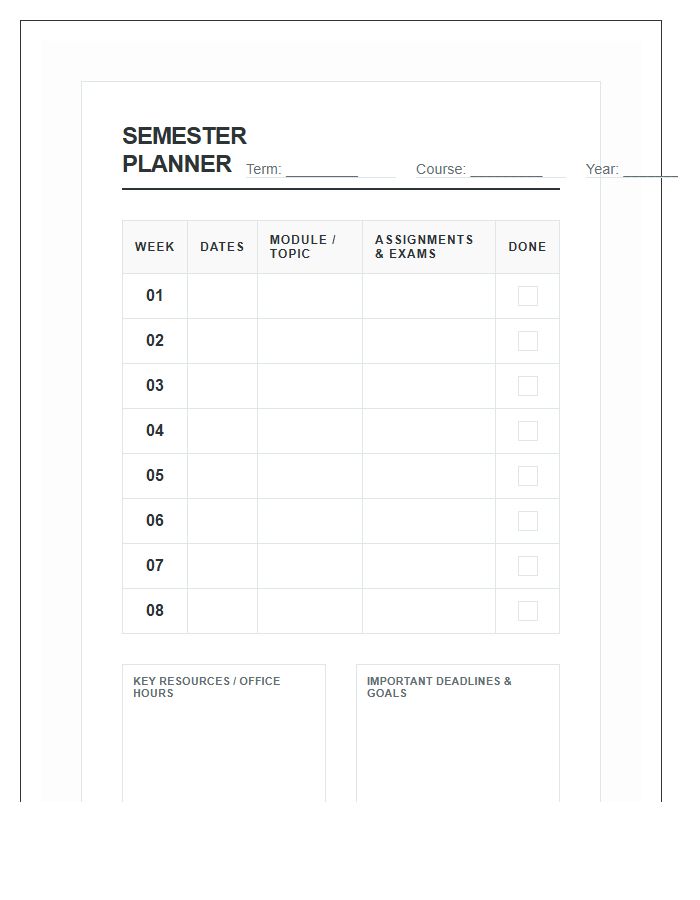 Student Academic Semester Planner Printable Chart