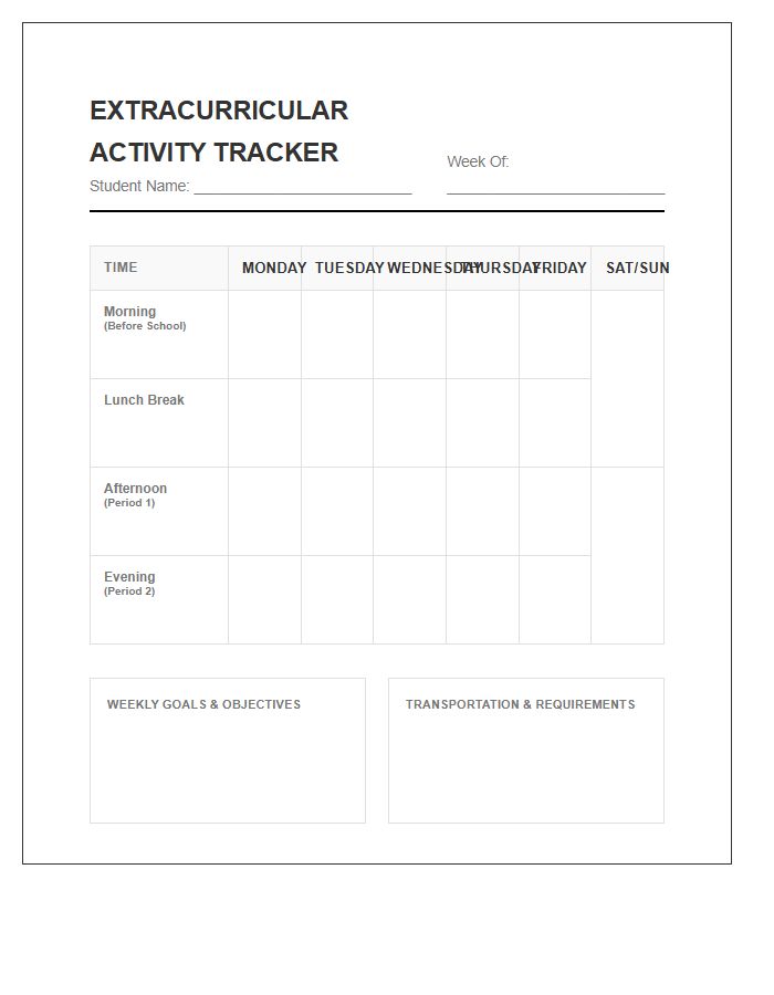Student Extracurricular Activity Calendar Printable Chart