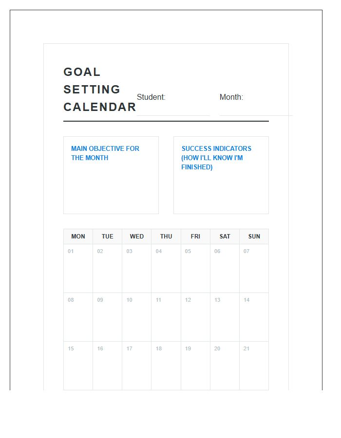 Student Goal Setting Calendar Printable Chart