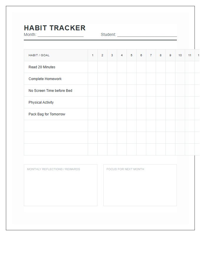 Student Habit Tracking Calendar Printable Chart