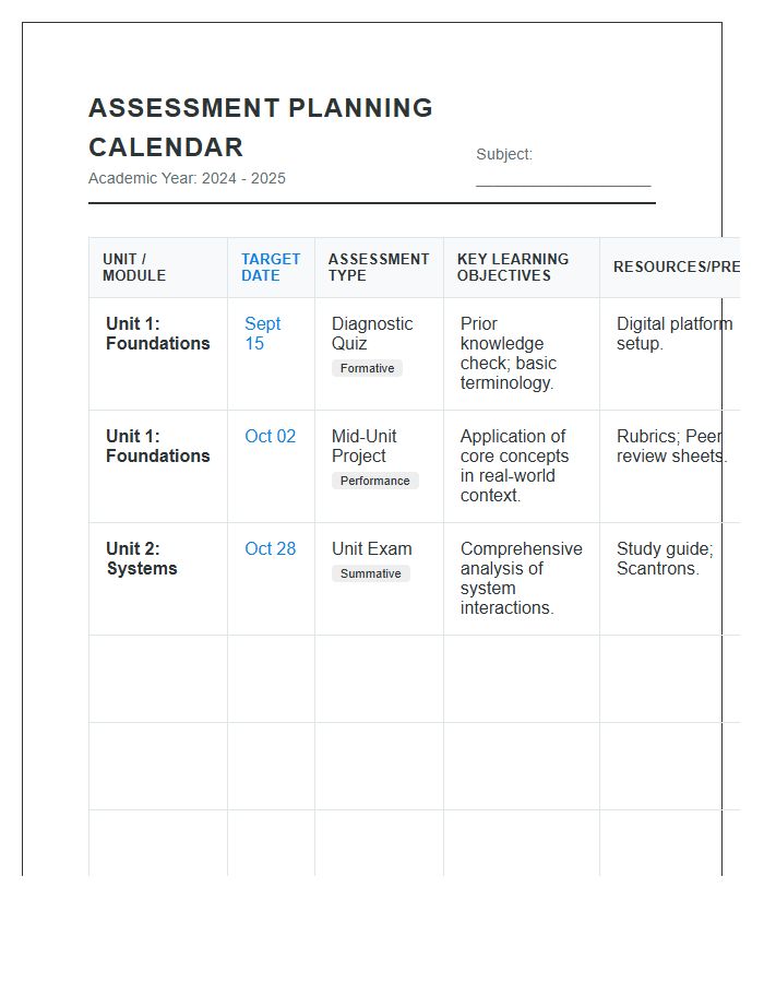 Teacher Assessment Planning Calendar Printable Chart