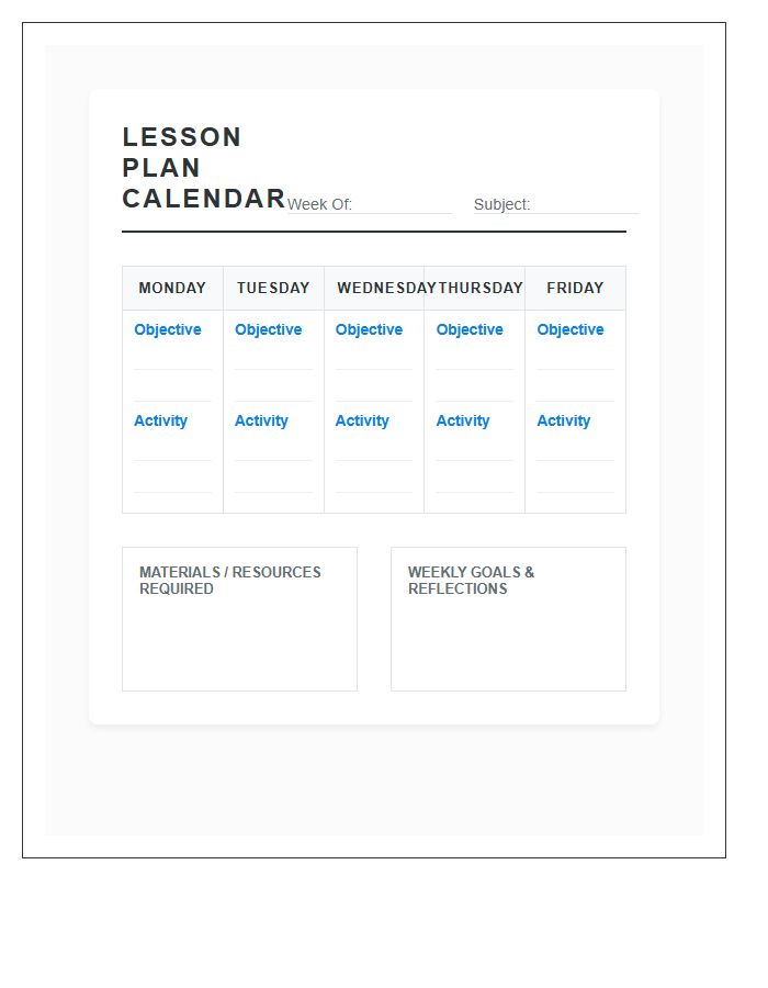 Teacher Lesson Plan Calendar Printable Chart