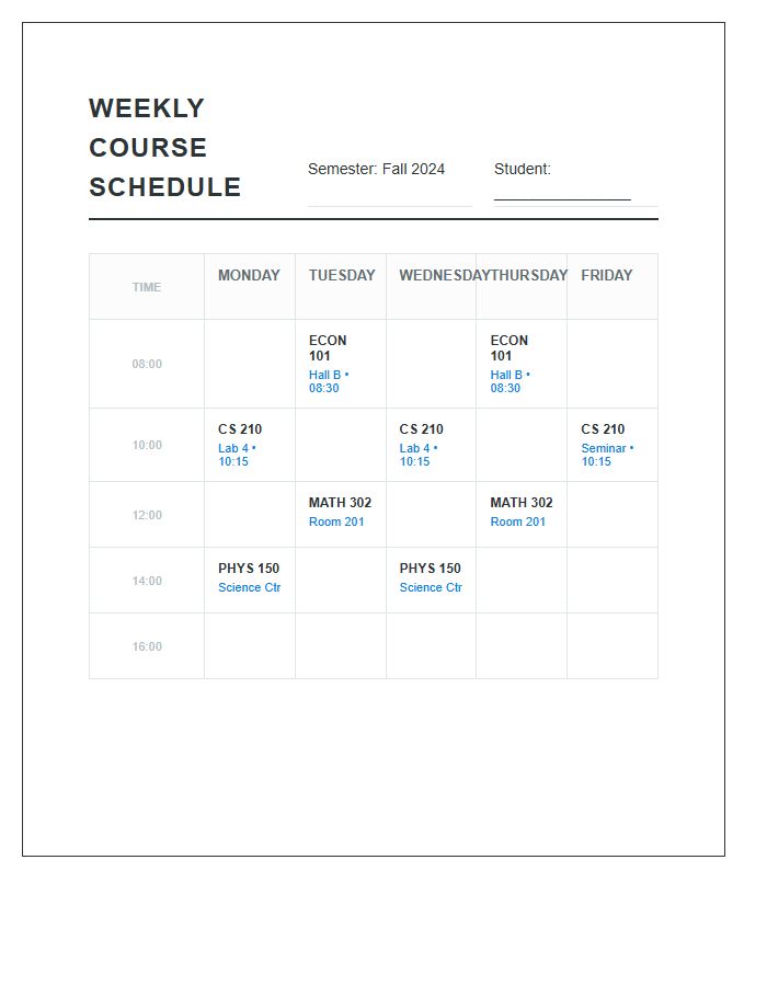 University Course Schedule Planner Printable Chart