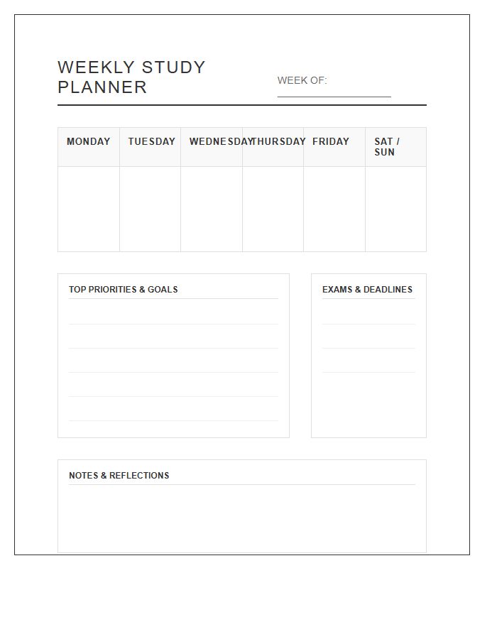 Weekly Student Study Planner Printable Chart