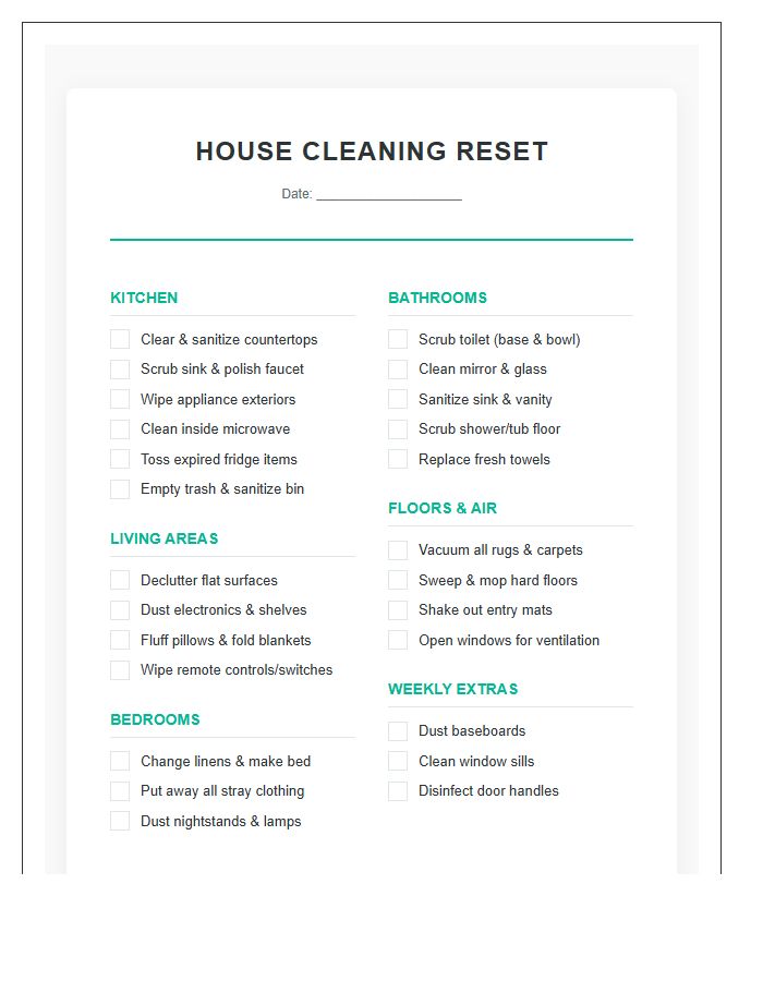Comprehensive House Cleaning Reset Chore Chart Printable