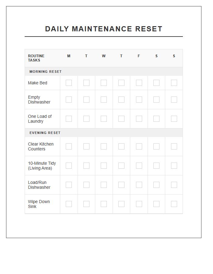Daily Maintenance Reset Chore Chart Printable