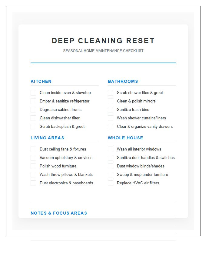 Deep Cleaning Reset Chore Chart Printable