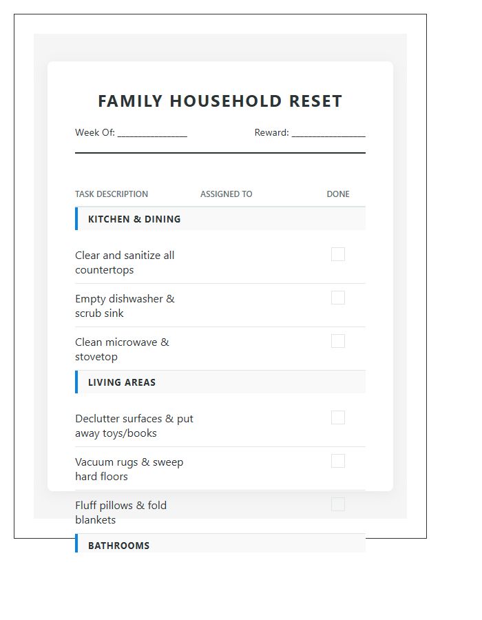 Family Household Reset Chore Chart Printable