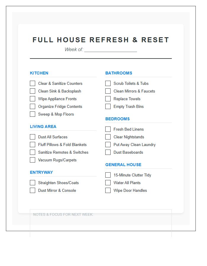 Full House Refresh Reset Chore Chart Printable