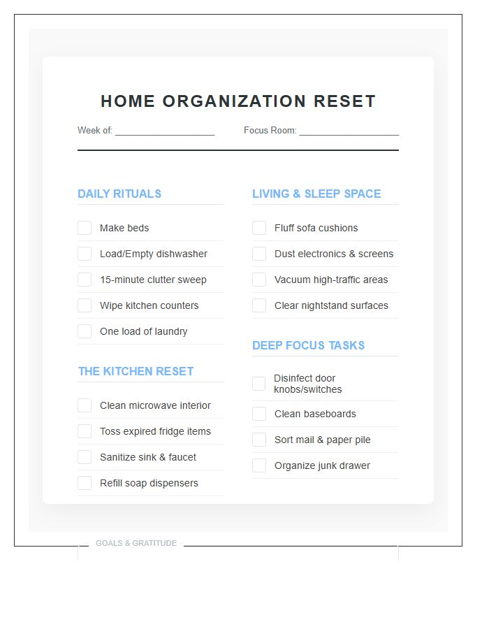 Home Organization Reset Chore Chart Printable