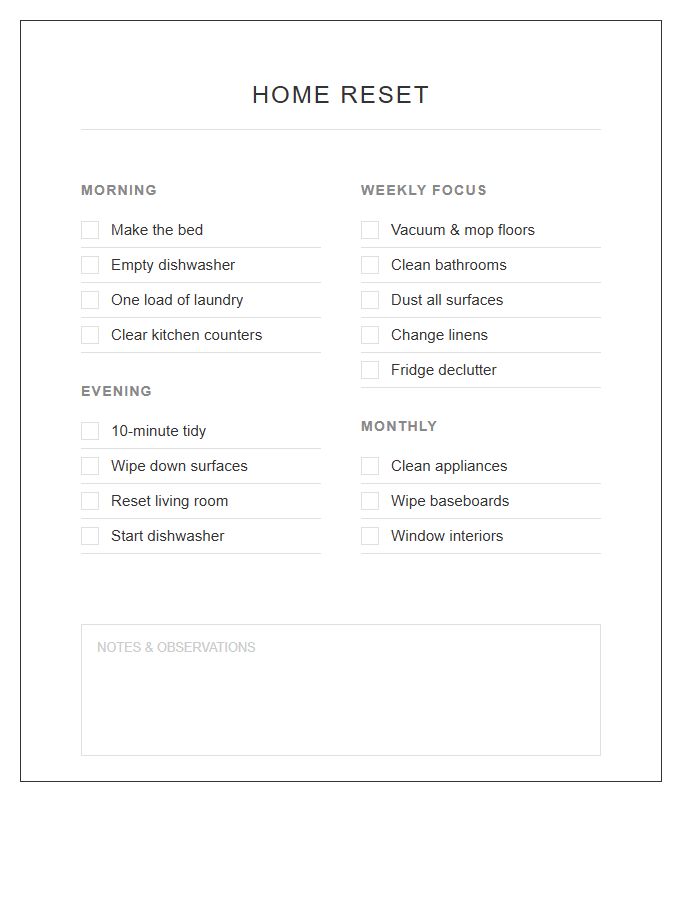 Minimalist Home Reset Chore Chart Printable